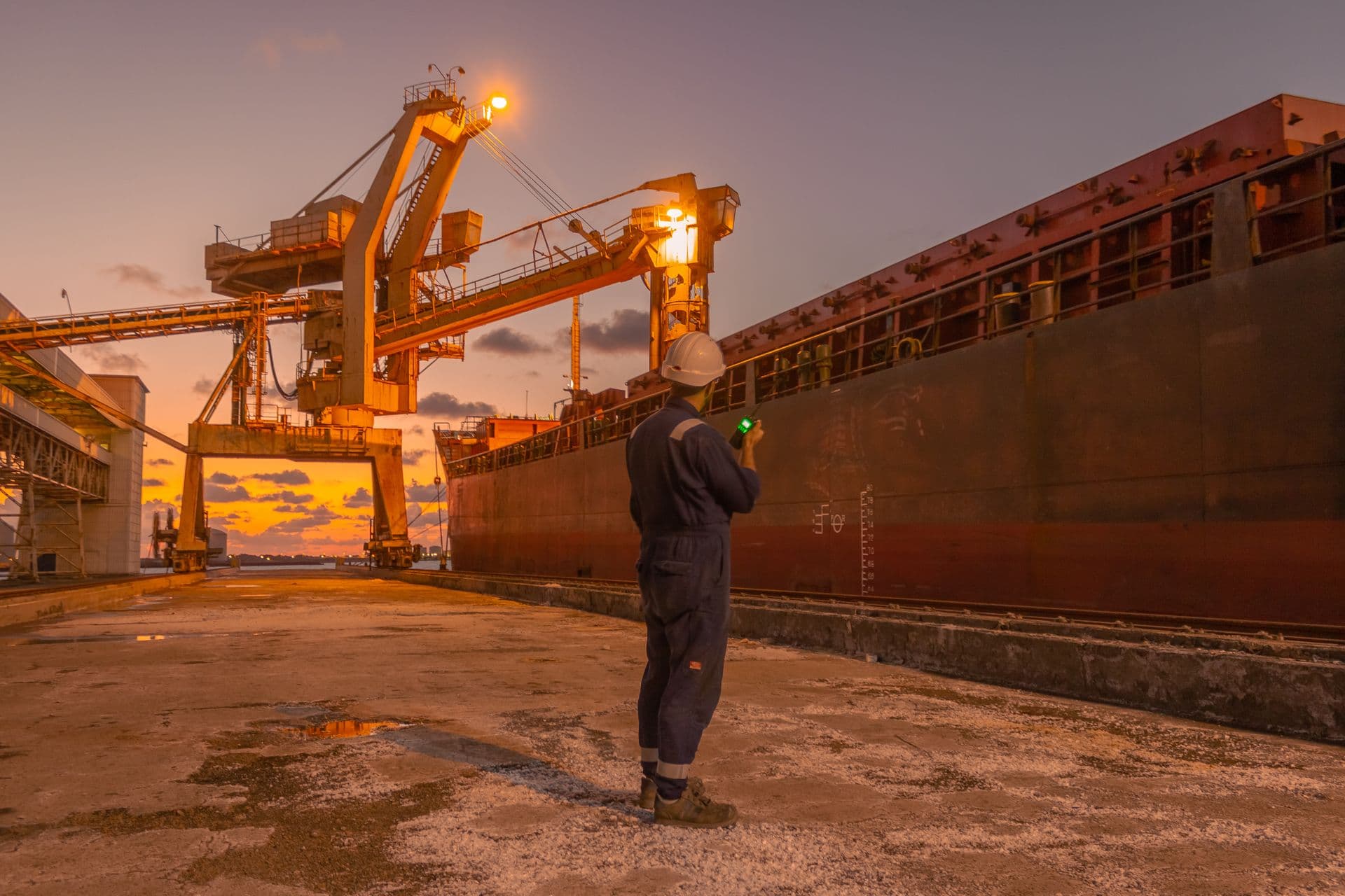 An inspector in coveralls and hard hat checking a handheld instrument beside a bulk carrier alongside a berth at sunset